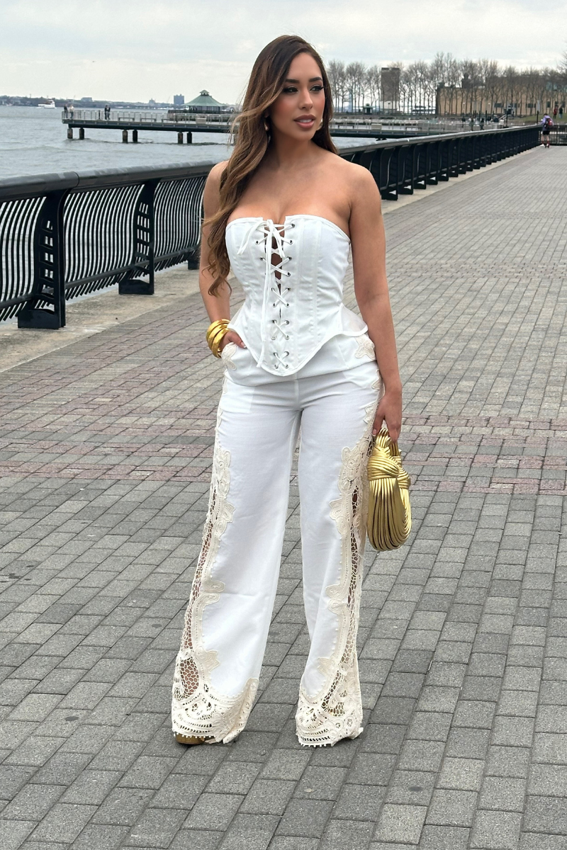 white christmas dresses Business in Front, Party in The Back White Corset Pant Set L