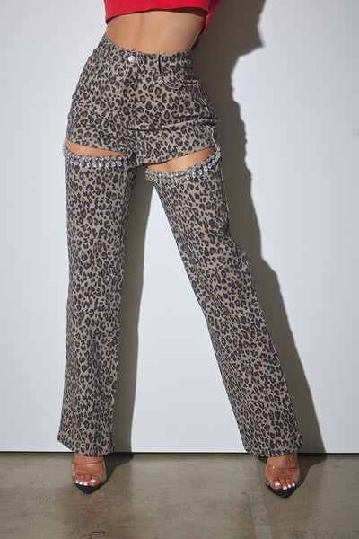 Rhinestone Cutout Animal Print Denim