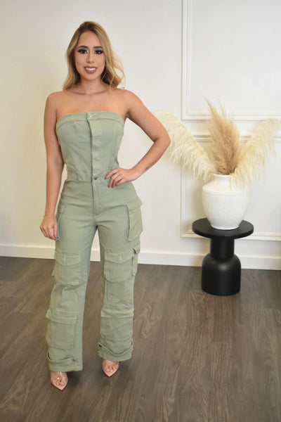 Charmaine Strapless Ruched Cargo Jumpsuit