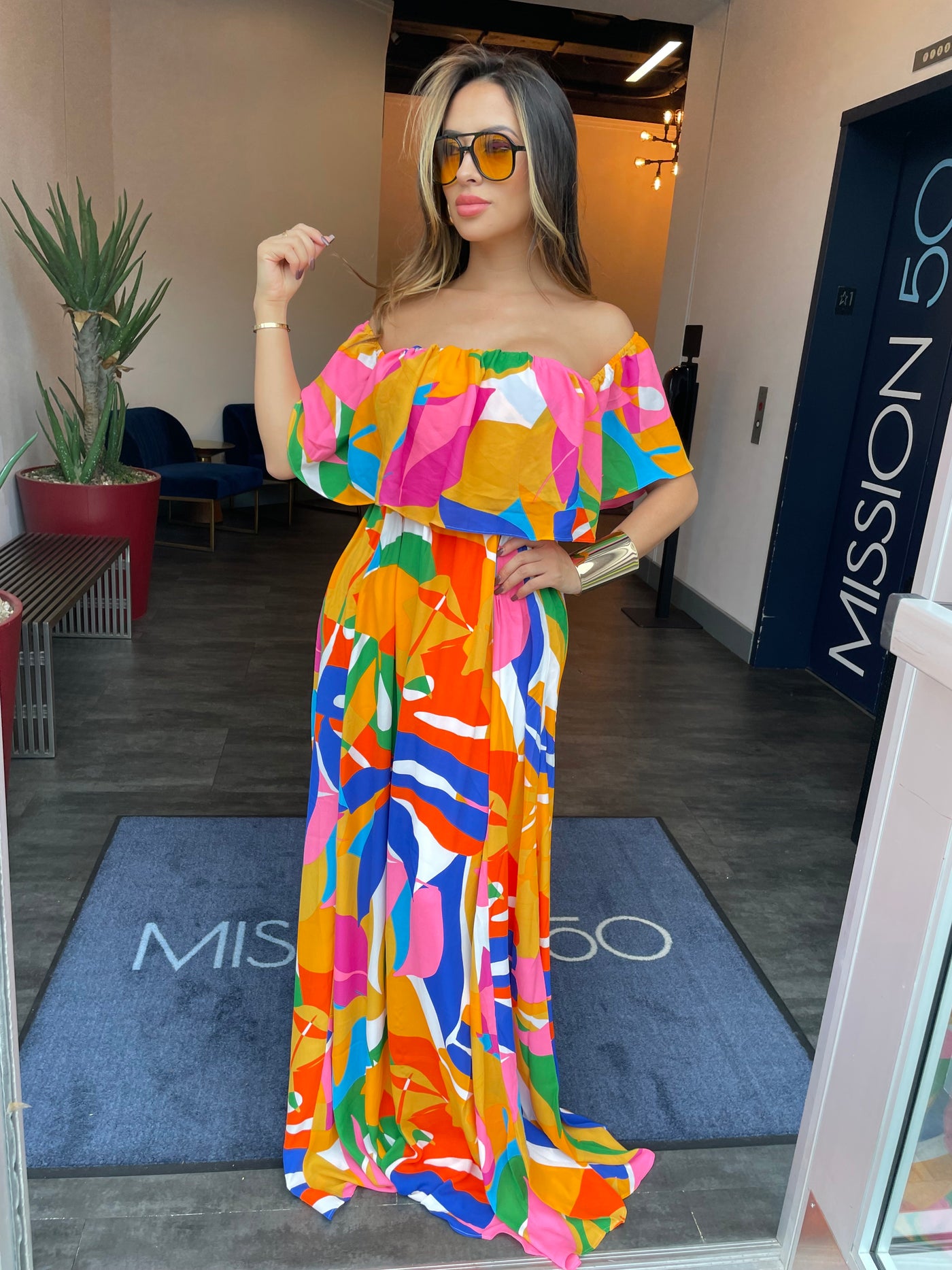 Multi-Color Palm Print Off Shoulder Flounce Maxi Dress