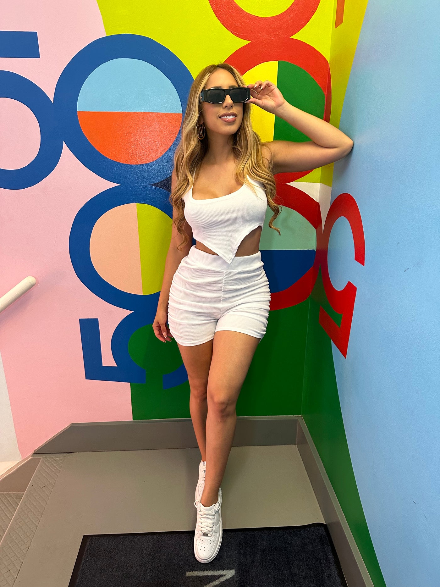 White Ribbed crop top & Ruched back Shorts Set