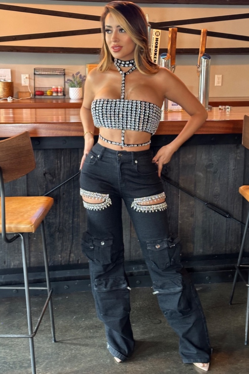 Denim Cut Out Rhinestone Cargo Jeans