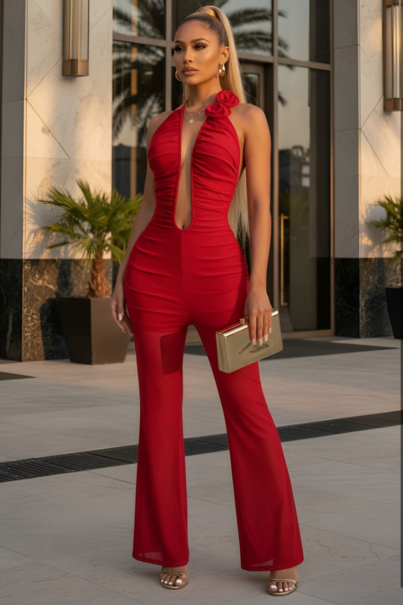 Strapless Deep V 3D Floral Jumpsuit in Red