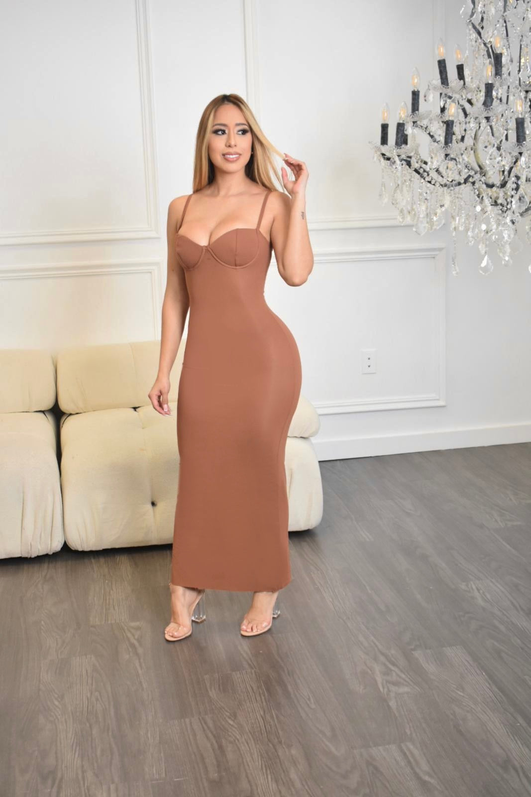BODYCON MIDI DRESS WITH PADDED CUP – Champagne Rose